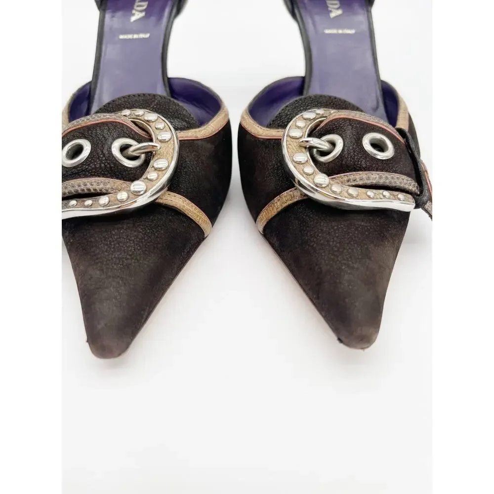 Prada Vintage Dark Brown Camel Nubuck Leather Buckle D'Orsay Pumps Heels IT 39.5